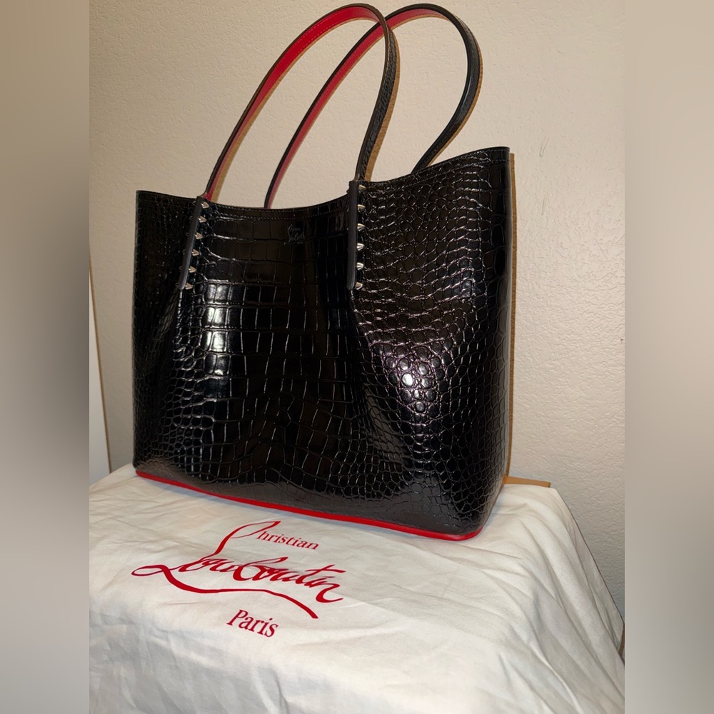 Christian Louboutin Black and Red Crocodile Texture Tote